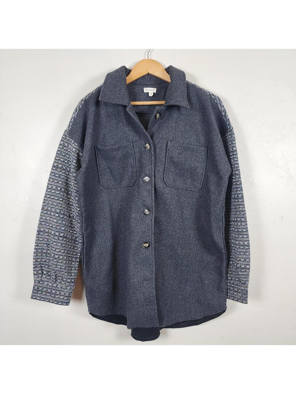 Hem & Thread Grey Mixed Media Shacket Womens Medium Button Front Oversize Jacket